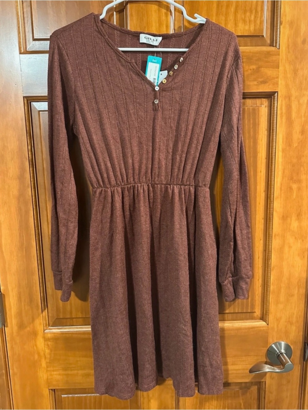 Gilli Long-Sleeve Rust Knit Gathered-Waist Dress